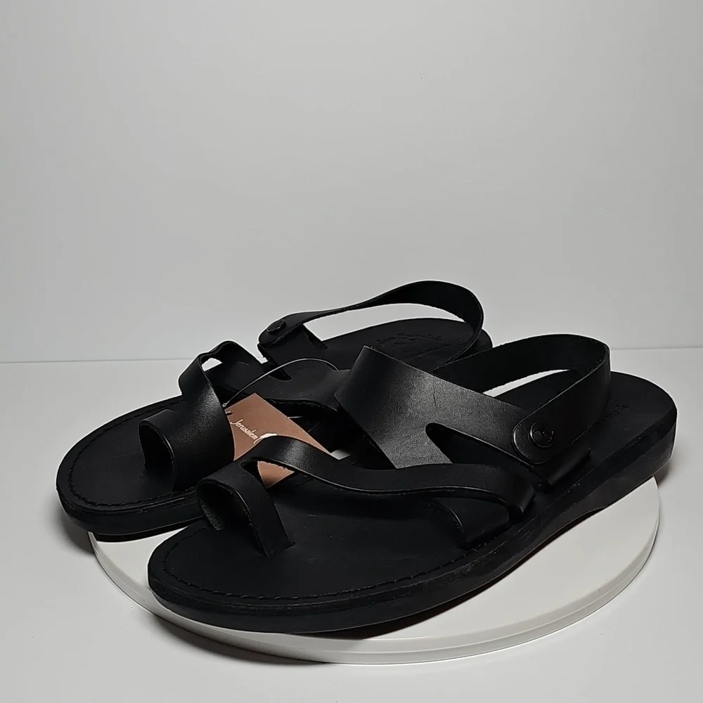 Jerusalem Amos Flat Sandals Ankle Strap Toe Loop‎ Adjustable Leather Black 13 46